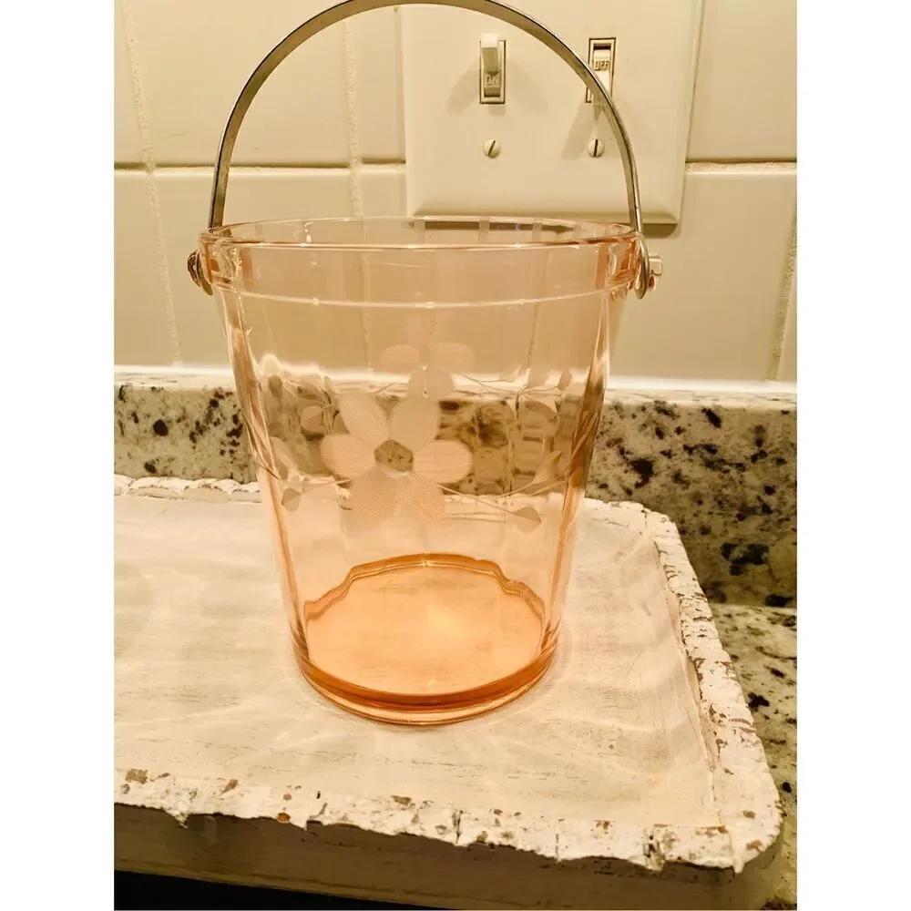 Vintage depression art deco pink etched floral glass ICE BUCKET with handle